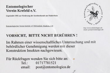Etikett an einer Malaise-Falle Malaise-Falle: Etikett